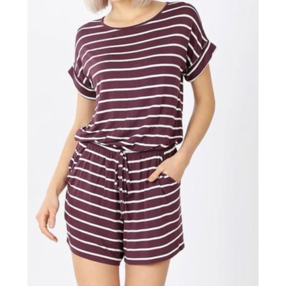 Zenana Purple Striped Tie-Waist Romper L